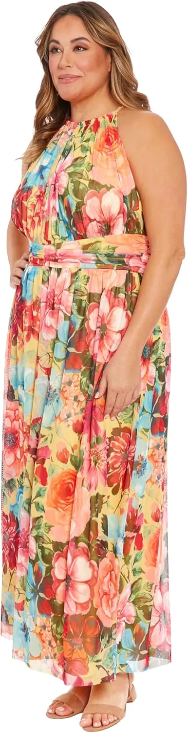 London Times Women's Mesh Halter Maxi with Ruched Waistband Event Guest of Occasion Garden Party