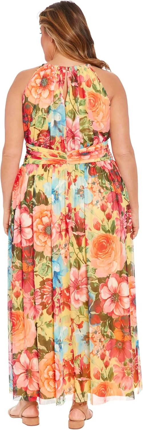 London Times Women's Mesh Halter Maxi with Ruched Waistband Event Guest of Occasion Garden Party