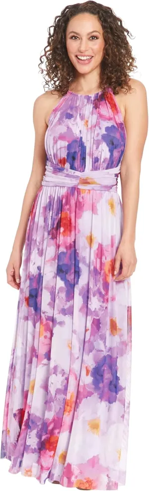 London Times Women's Mesh Halter Maxi with Ruched Waistband Event Guest of Occasion Garden Party