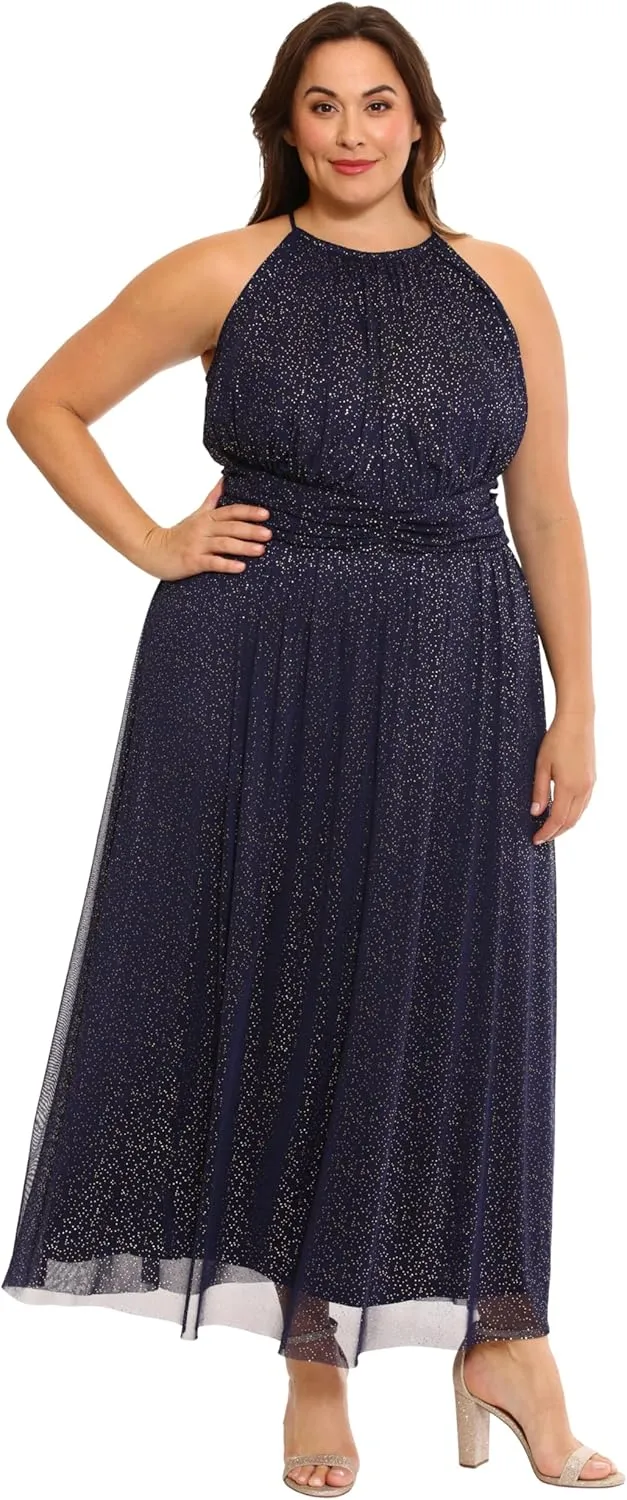 London Times Women's Mesh Halter Maxi with Ruched Waistband Event Guest of Occasion Garden Party