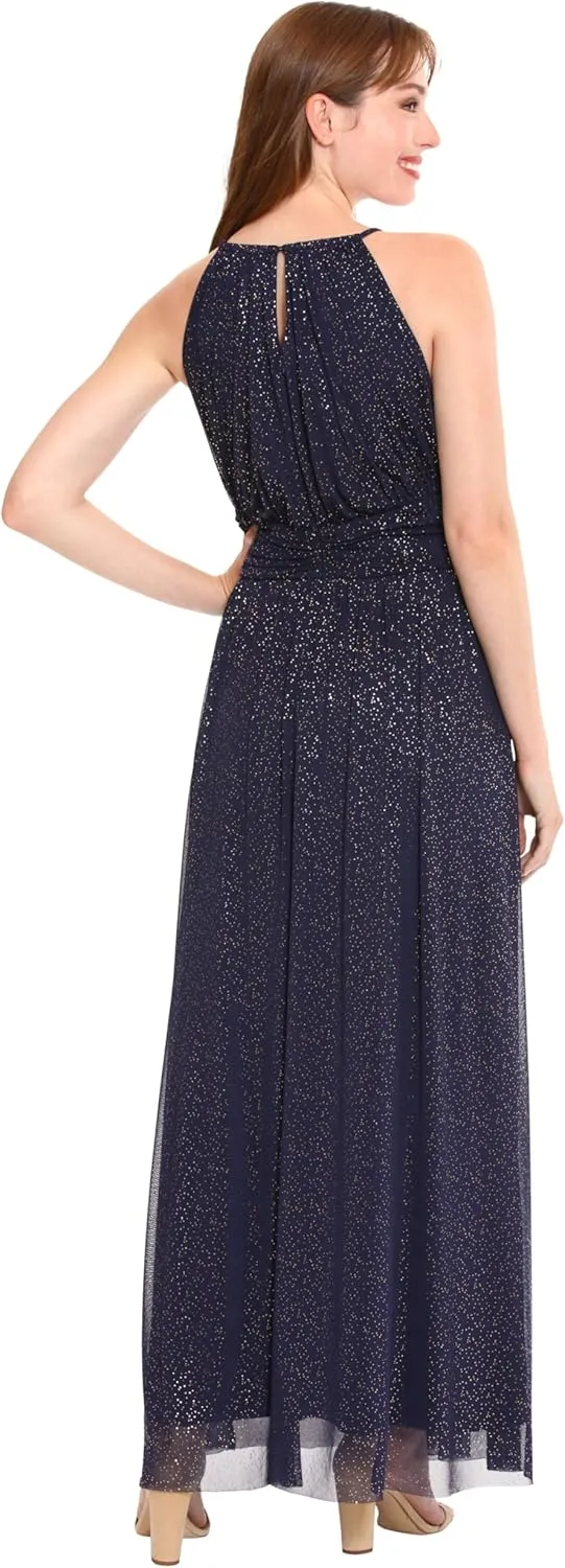 London Times Women's Mesh Halter Maxi with Ruched Waistband Event Guest of Occasion Garden Party