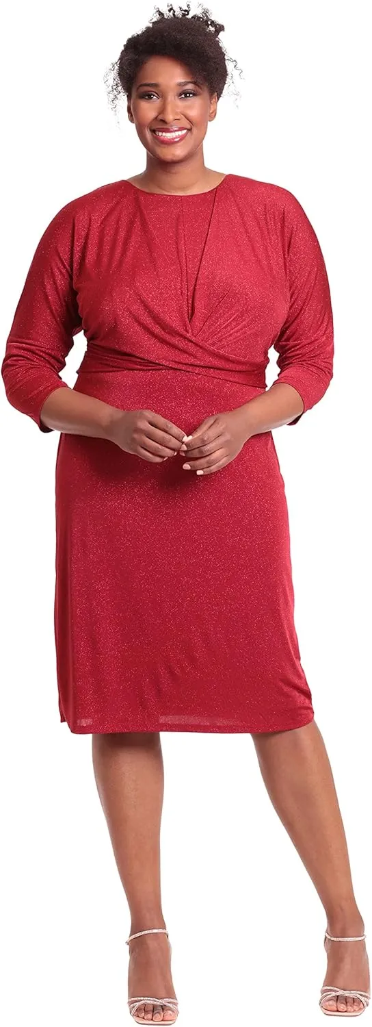 London Times Women's Plus Size 3/4 Sleeve Criss Cross Waist Dress