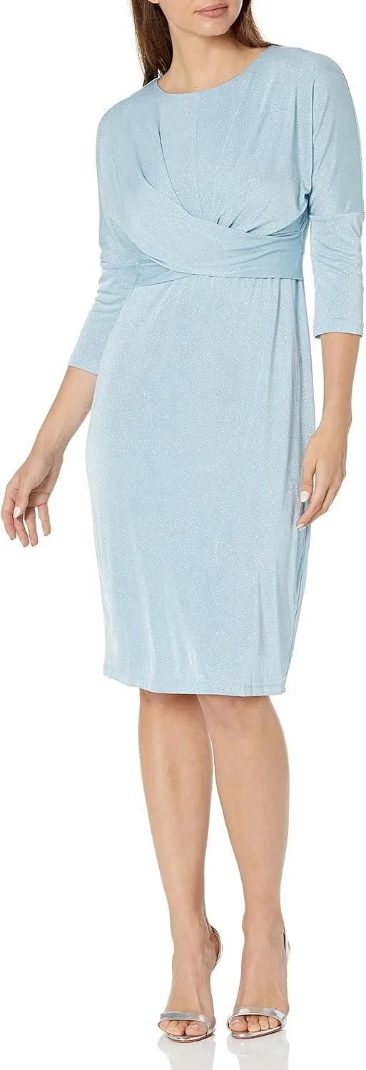 London Times Women's Plus Size 3/4 Sleeve Criss Cross Waist Dress