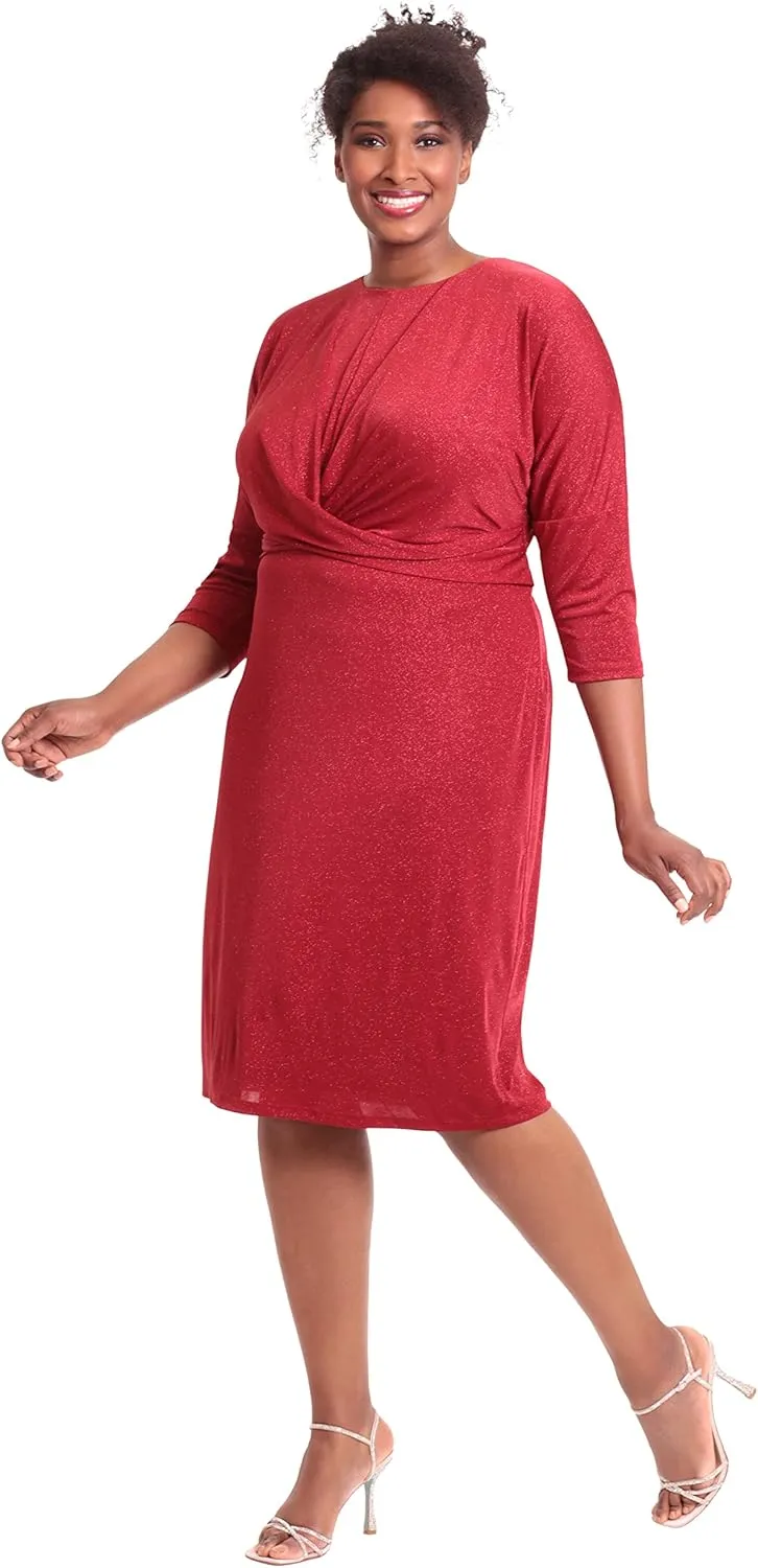 London Times Women's Plus Size 3/4 Sleeve Criss Cross Waist Dress