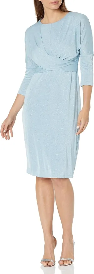 London Times Women's Plus Size 3/4 Sleeve Criss Cross Waist Dress