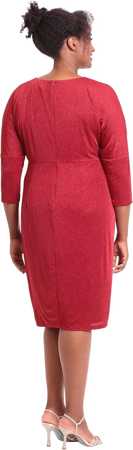 London Times Women's Plus Size 3/4 Sleeve Criss Cross Waist Dress