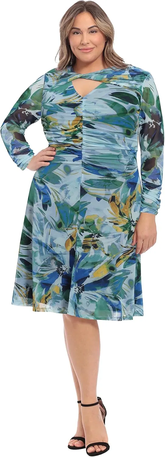 London Times Women's Twist Keyhole Neck Shirred Mesh Versatile Slimming Occasion Midi Dress