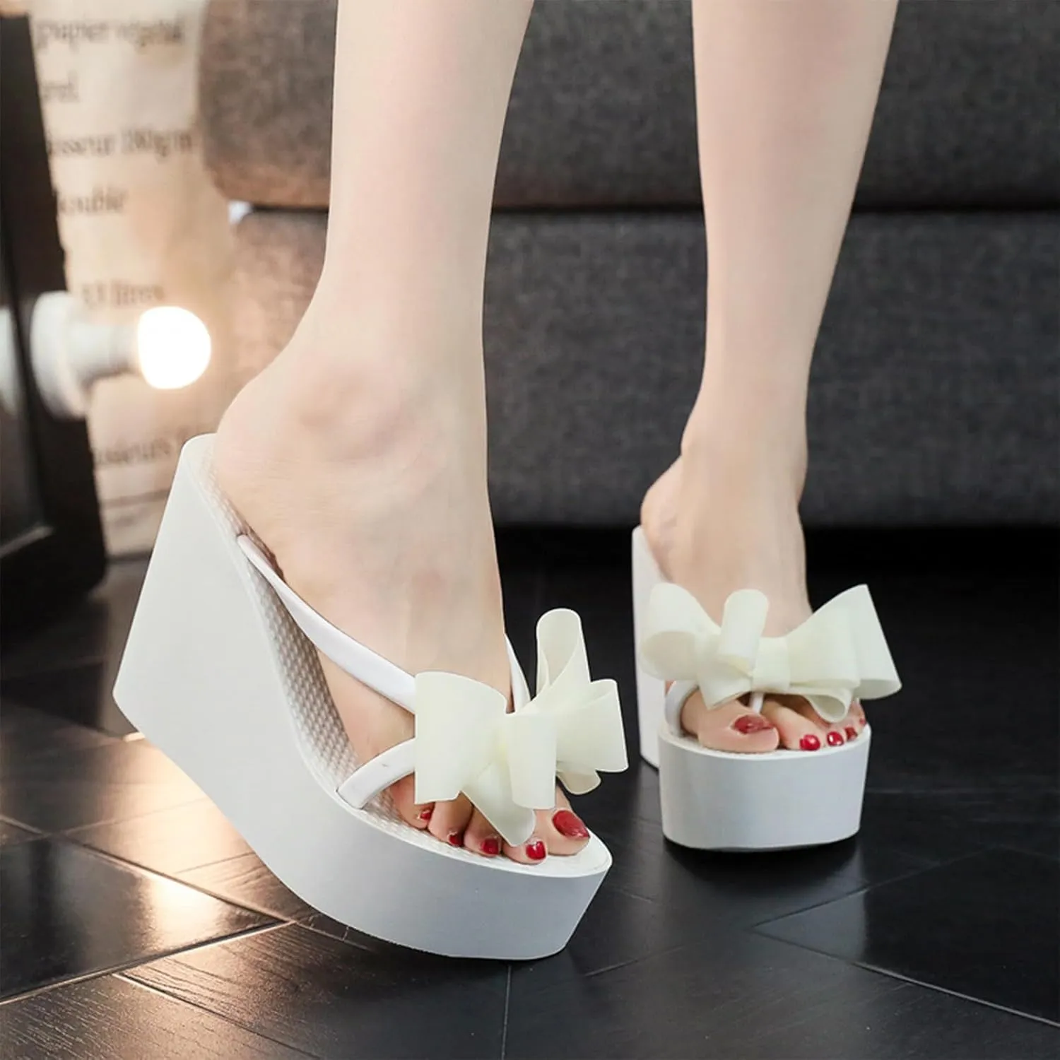 Lossarye Women's Bow Platform Wedge Flip Flops Summer Anti-Slip Comfortable Cute High Heel Slide Sandals Beach Thong Sandals