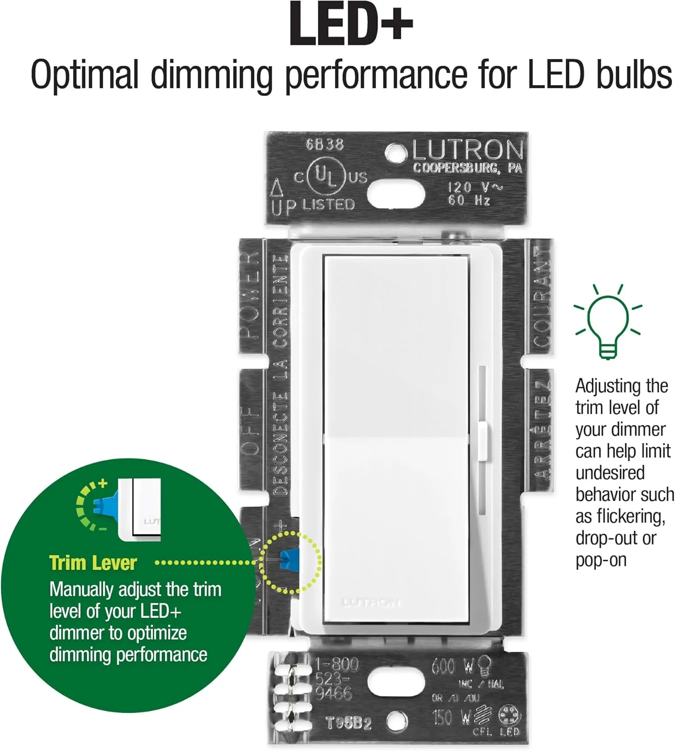 Lutron Diva LED  Dimmer Switch for Dimmable LED, Halogen and Incandescent Bulbs, 150 Watt, Single-Pole or 3-Way, DVCL-153P-BR, Brown