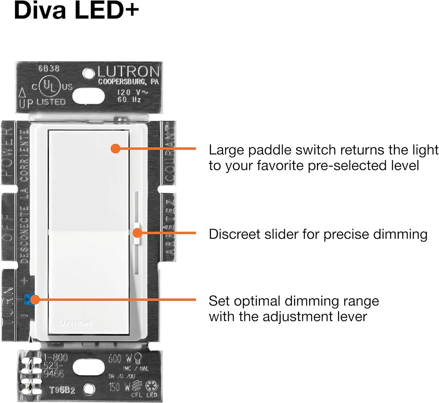 Lutron Diva LED  Dimmer Switch for Dimmable LED, Halogen and Incandescent Bulbs, 150 Watt, Single-Pole or 3-Way, DVCL-153P-BR, Brown