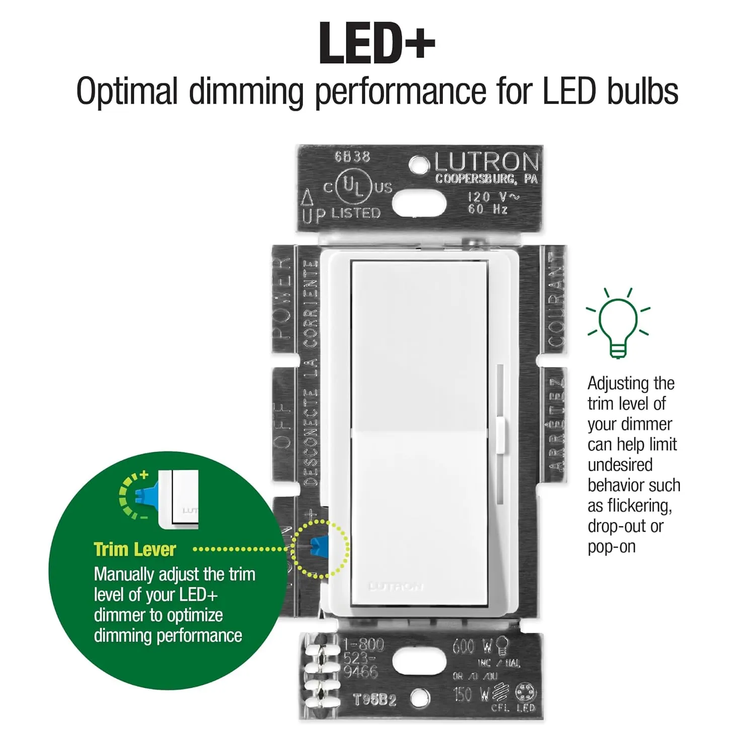 Lutron Diva LED  Dimmer Switch for Dimmable LED, Halogen and Incandescent Bulbs, 150 Watt, Single-Pole or 3-Way, DVCL-153P-WH-3, White, 3 Pack