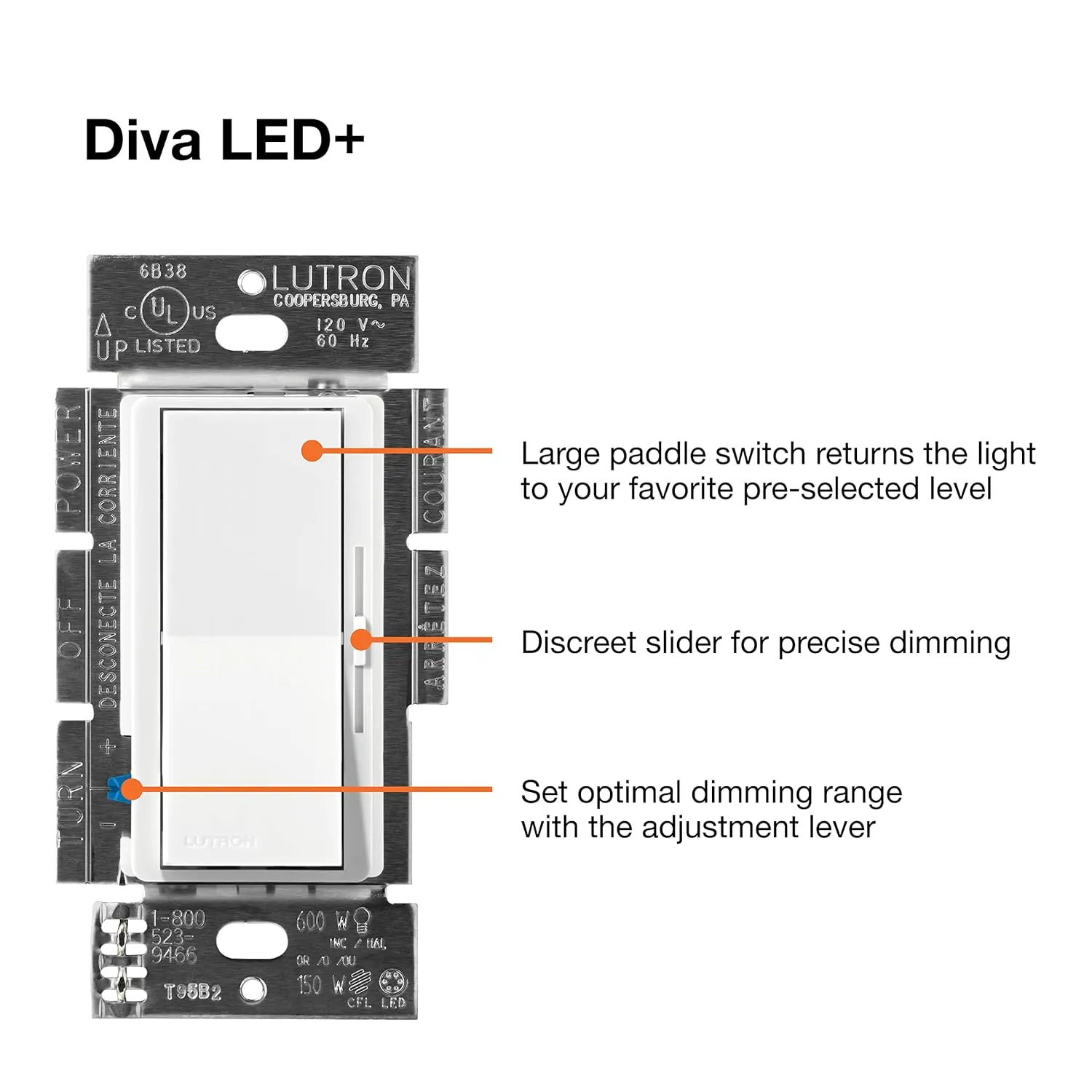 Lutron Diva LED  Dimmer Switch for Dimmable LED, Halogen and Incandescent Bulbs, 150 Watt, Single-Pole or 3-Way, DVCL-153P-WH-3, White, 3 Pack