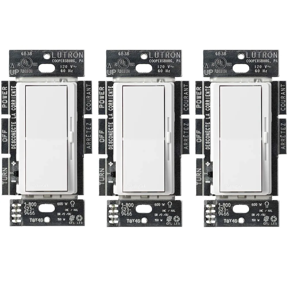 Lutron Diva LED  Dimmer Switch for Dimmable LED, Halogen and Incandescent Bulbs, 150 Watt, Single-Pole or 3-Way, DVCL-153P-WH-3, White, 3 Pack