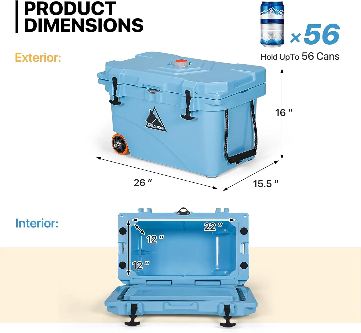 MADOG Cooler with Wheels, Leak-Proof Rolling Beach Cooler with LED Light Bluetooth Speaker, LLDPE Wheeled Coolers, Ideal Portable Cooler for Fishing, Camping, Boating and Traveling