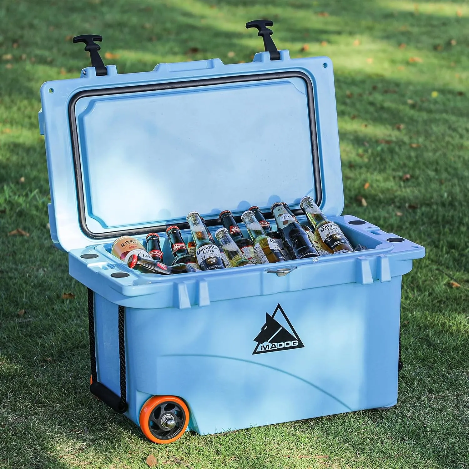 MADOG Cooler with Wheels, Leak-Proof Rolling Beach Cooler with LED Light Bluetooth Speaker, LLDPE Wheeled Coolers, Ideal Portable Cooler for Fishing, Camping, Boating and Traveling