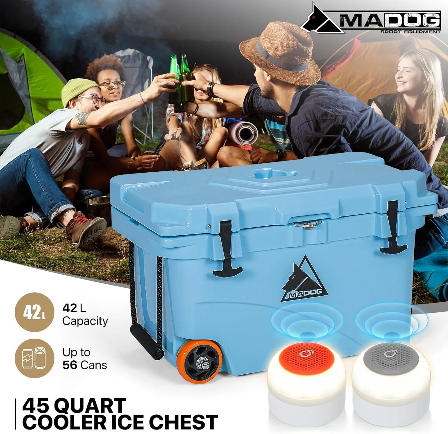 MADOG Cooler with Wheels, Leak-Proof Rolling Beach Cooler with LED Light Bluetooth Speaker, LLDPE Wheeled Coolers, Ideal Portable Cooler for Fishing, Camping, Boating and Traveling