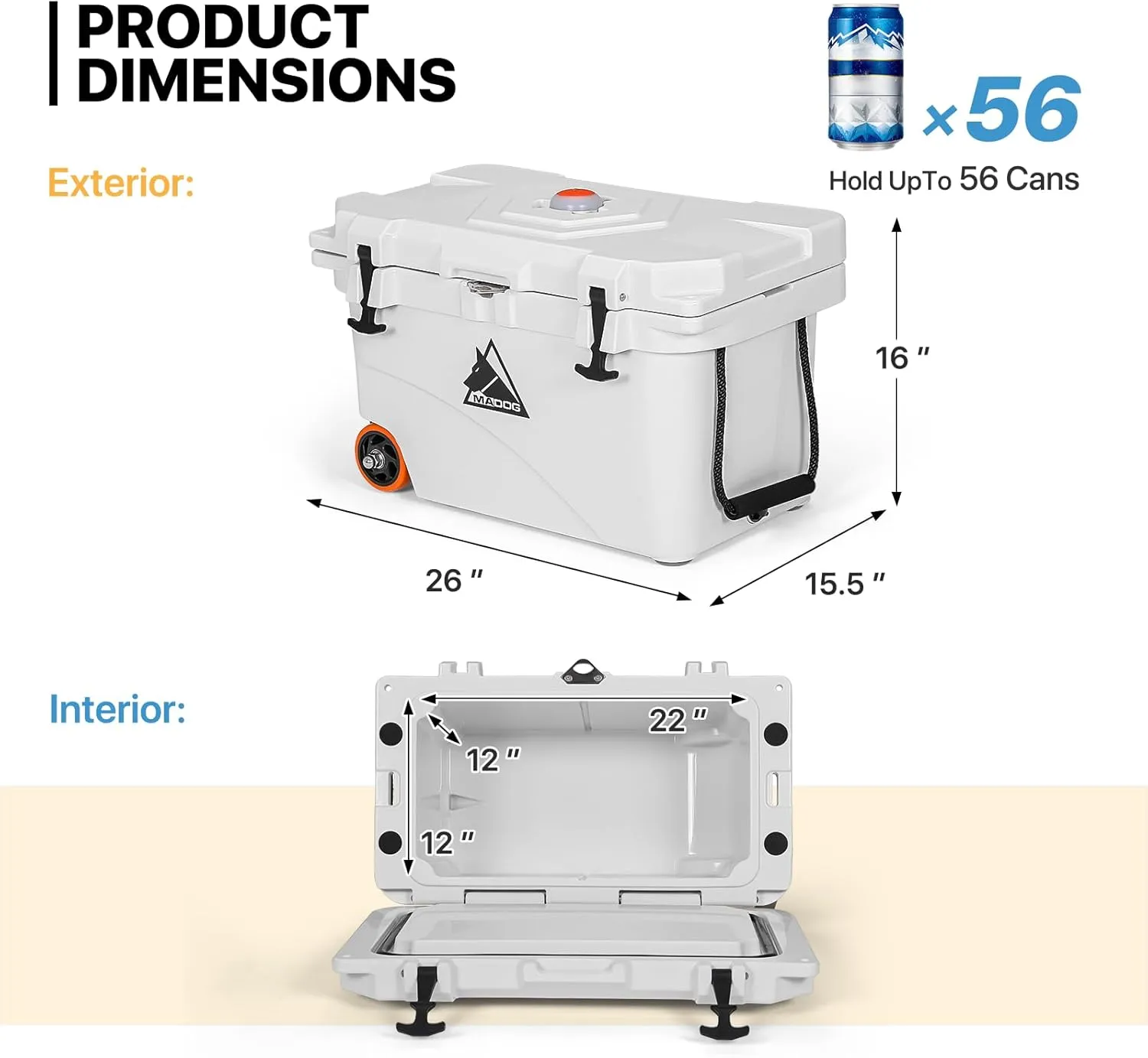 MADOG Cooler with Wheels, Leak-Proof Rolling Beach Cooler with LED Light Bluetooth Speaker, LLDPE Wheeled Coolers, Ideal Portable Cooler for Fishing, Camping, Boating and Traveling