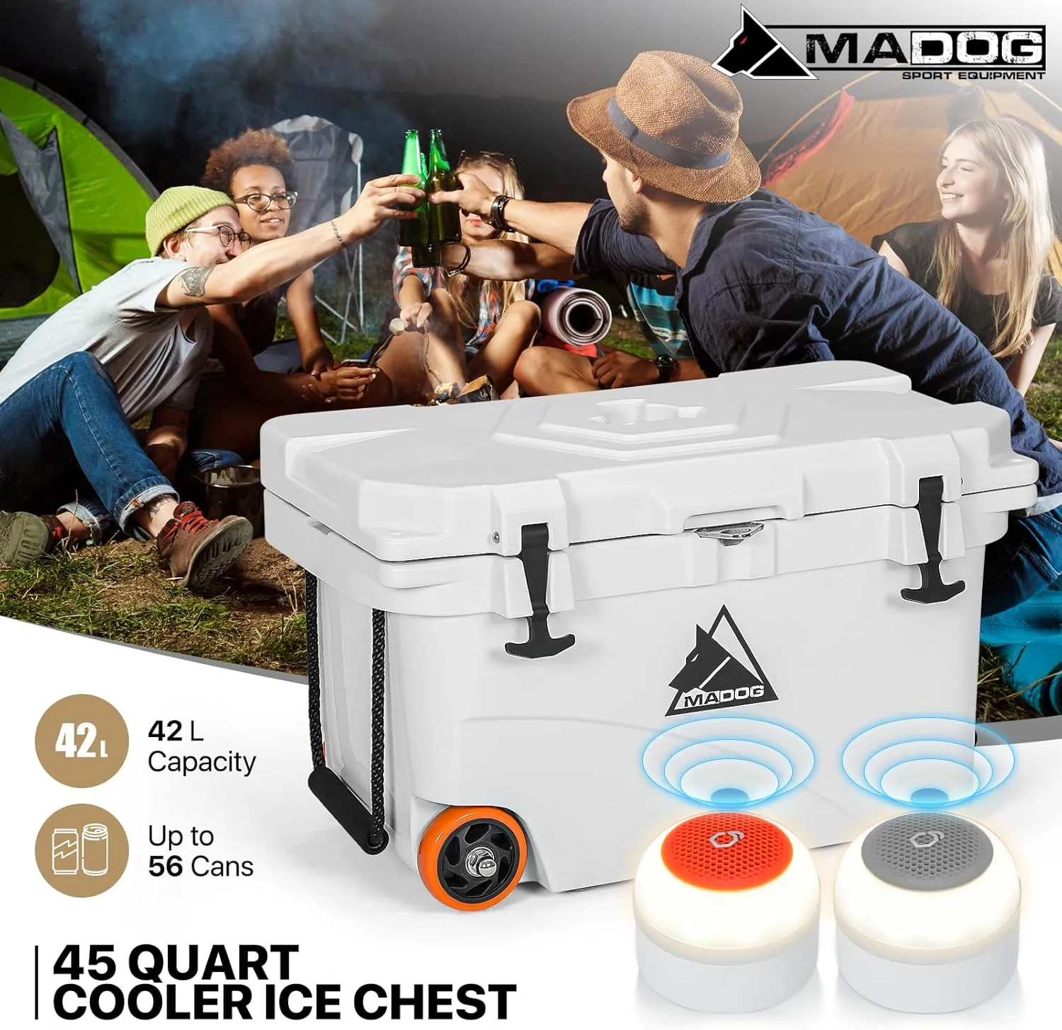 MADOG Cooler with Wheels, Leak-Proof Rolling Beach Cooler with LED Light Bluetooth Speaker, LLDPE Wheeled Coolers, Ideal Portable Cooler for Fishing, Camping, Boating and Traveling