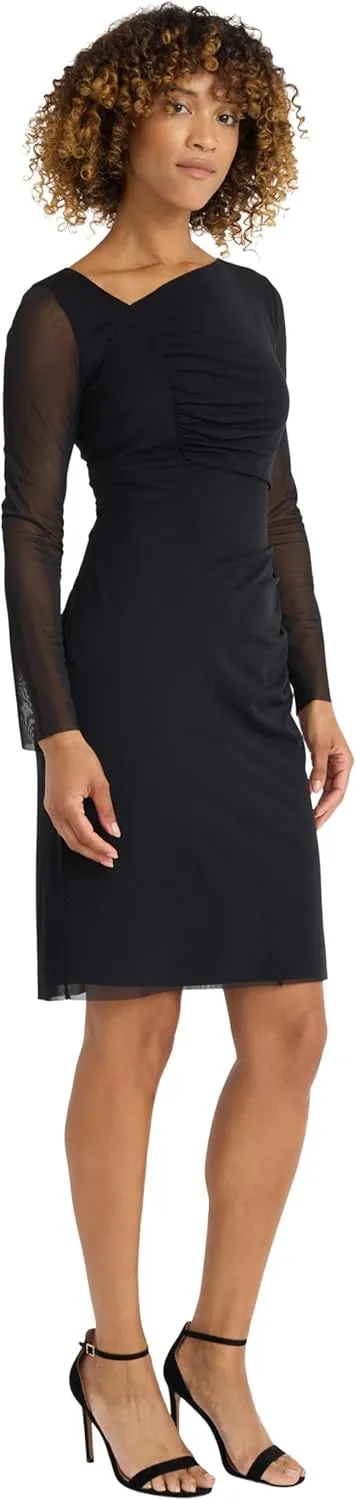 Maggy London Women's Long Dress with Sheer Mesh Sleeves for Wedding Guest, Funeral, and Work