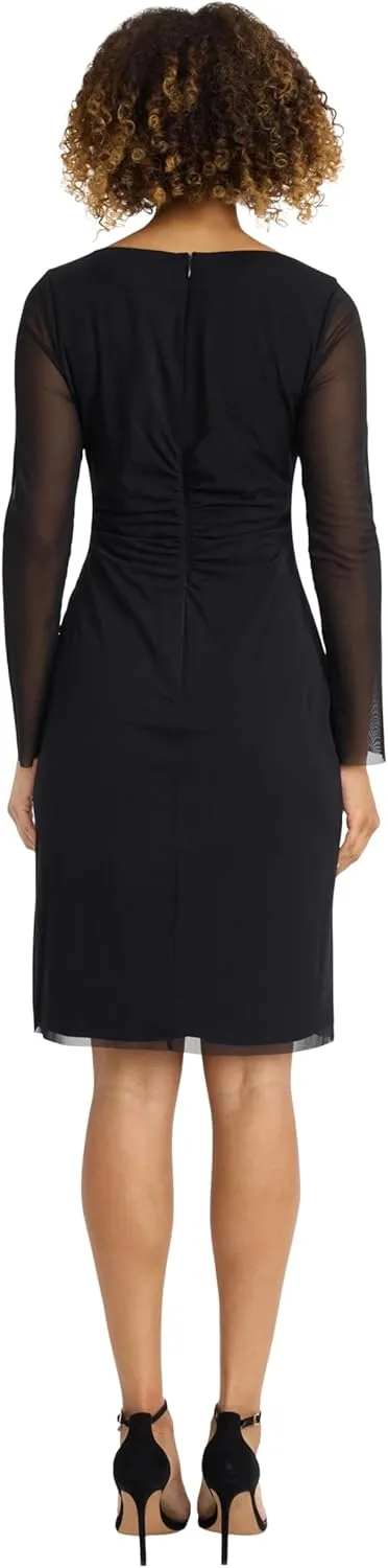 Maggy London Women's Long Dress with Sheer Mesh Sleeves for Wedding Guest, Funeral, and Work