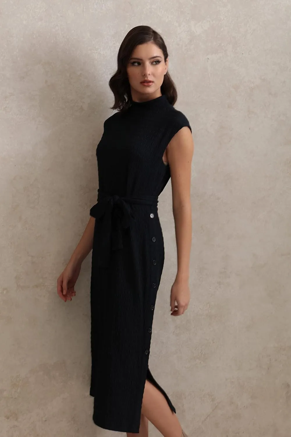 Maggy London Women's Mock Neck Side Placket Midi Dress