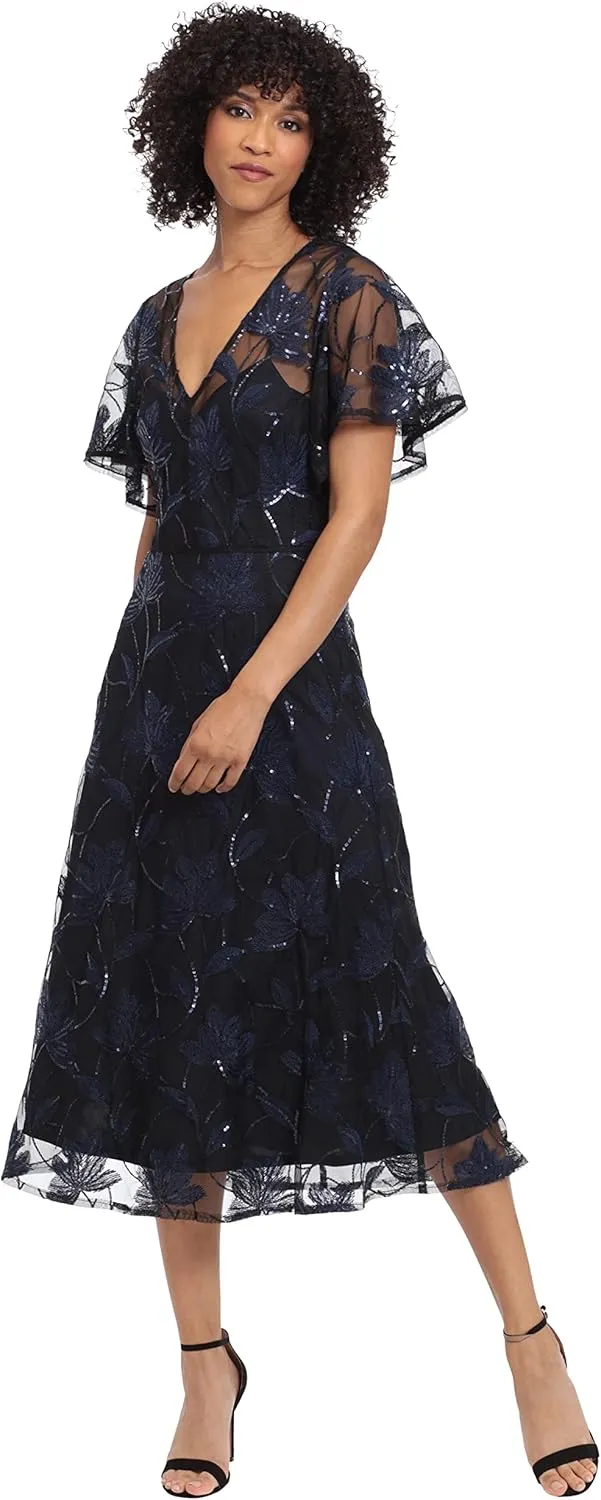 Maggy London Women's V-Neck A-line Midi Sequin Dress Party Event Guest of Wedding Occasion