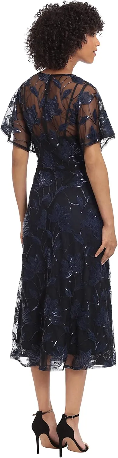 Maggy London Women's V-Neck A-line Midi Sequin Dress Party Event Guest of Wedding Occasion