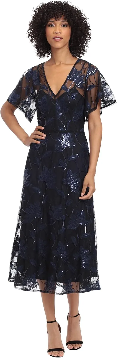 Maggy London Women's V-Neck A-line Midi Sequin Dress Party Event Guest of Wedding Occasion