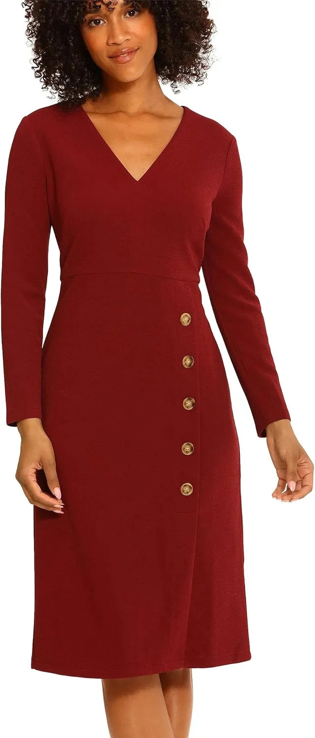 Maggy London Women's V-Neck Midi with Side Skirt Buttons Detail