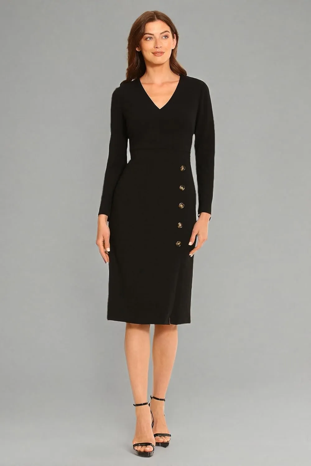 Maggy London Women's V-Neck Midi with Side Skirt Buttons Detail
