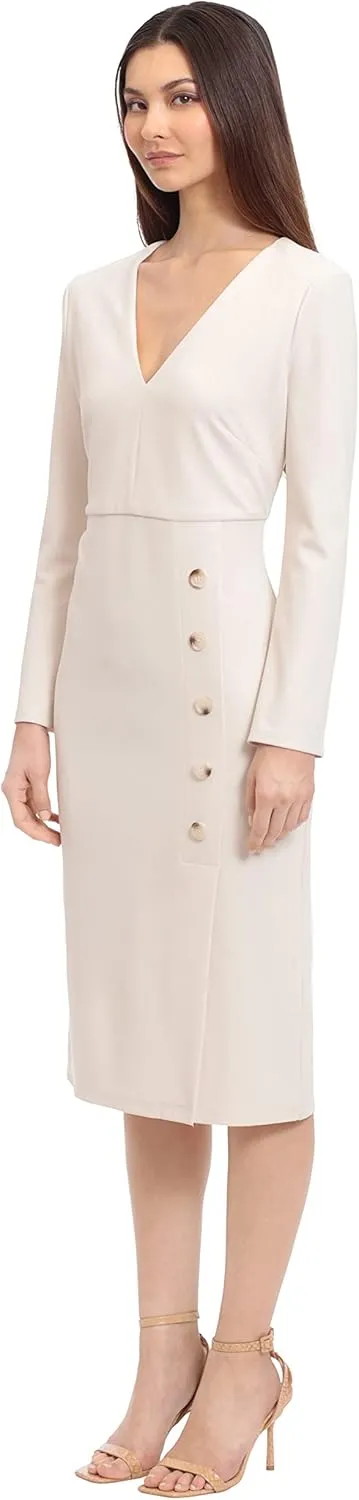 Maggy London Women's V-Neck Midi with Side Skirt Buttons Detail