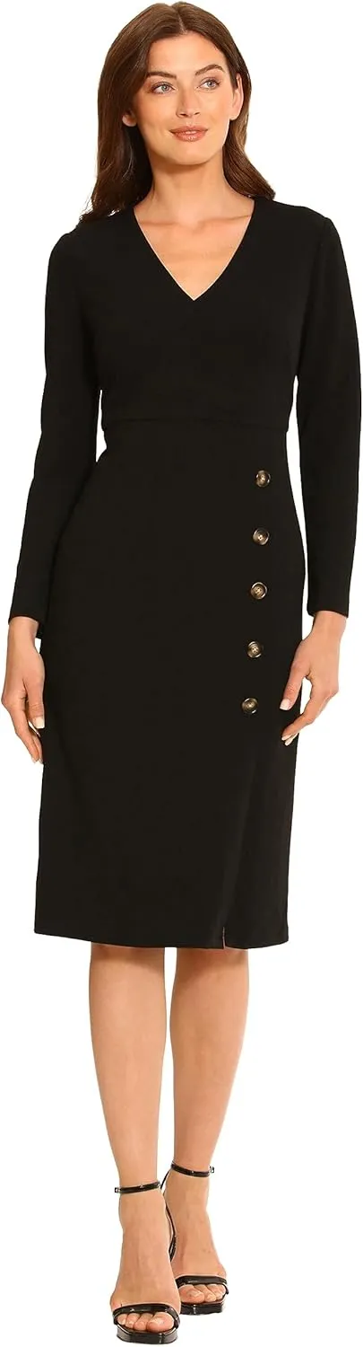 Maggy London Women's V-Neck Midi with Side Skirt Buttons Detail