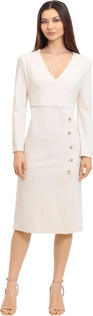 Maggy London Women's V-Neck Midi with Side Skirt Buttons Detail