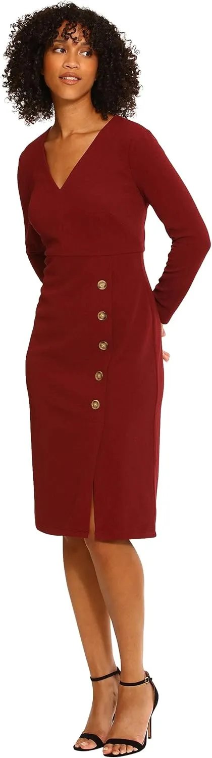Maggy London Women's V-Neck Midi with Side Skirt Buttons Detail