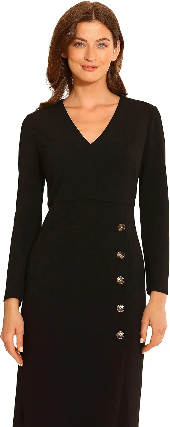 Maggy London Women's V-Neck Midi with Side Skirt Buttons Detail