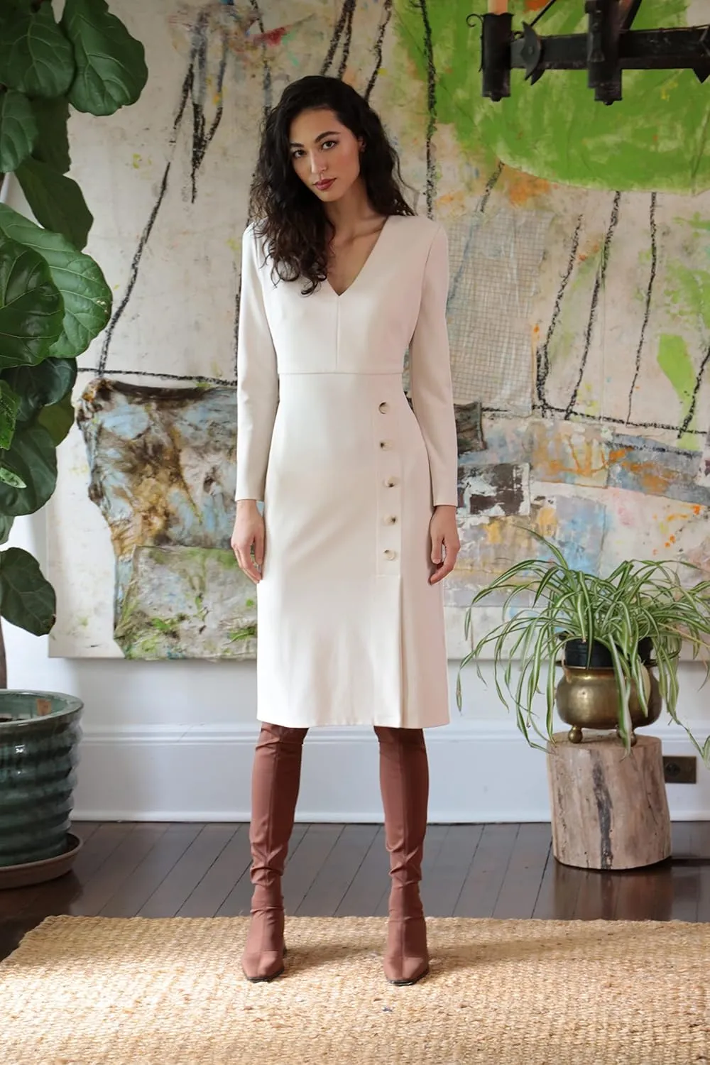 Maggy London Women's V-Neck Midi with Side Skirt Buttons Detail