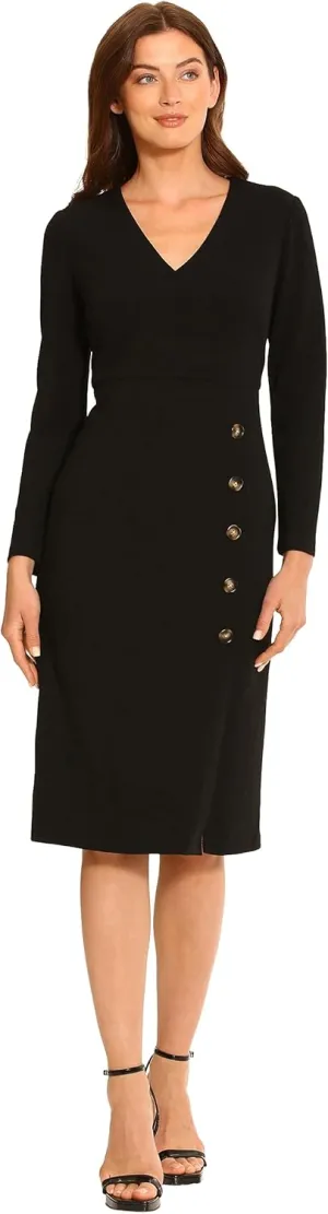 Maggy London Women's V-Neck Midi with Side Skirt Buttons Detail