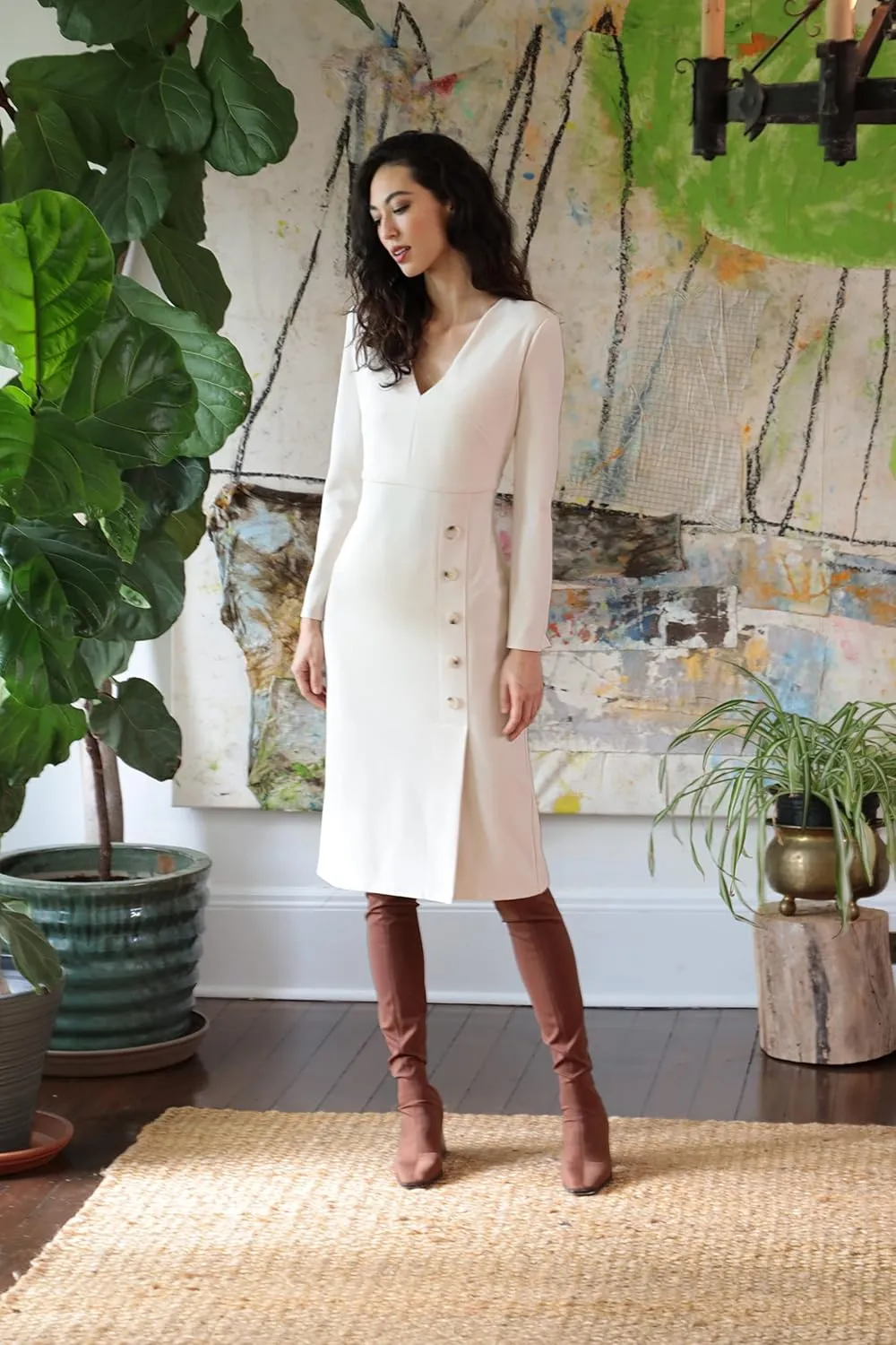 Maggy London Women's V-Neck Midi with Side Skirt Buttons Detail