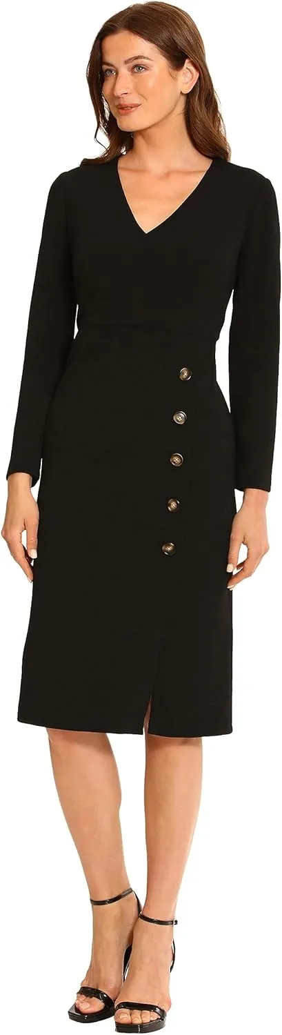 Maggy London Women's V-Neck Midi with Side Skirt Buttons Detail