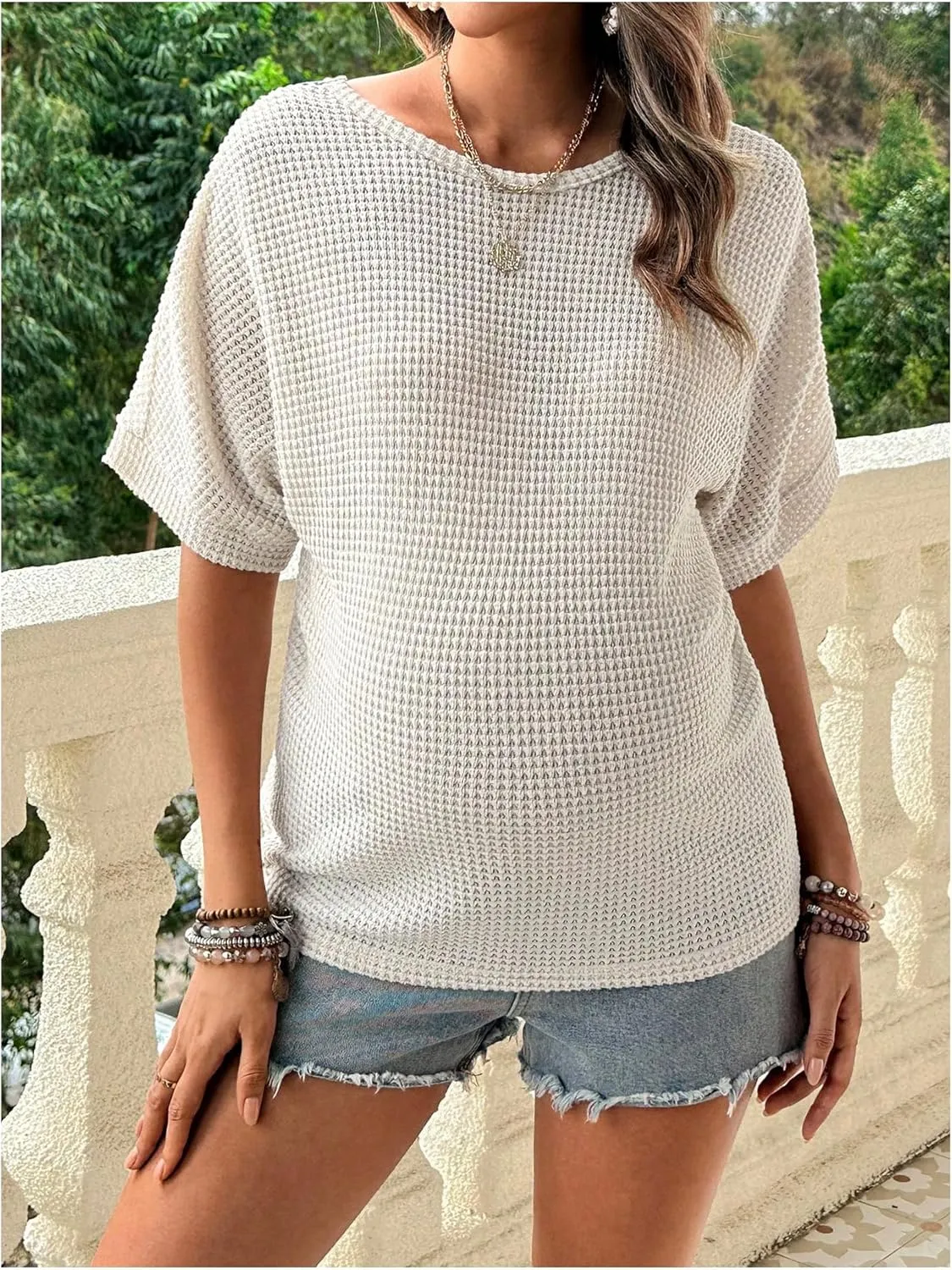 MakeMeChic Women's Maternity Summer Clothes Floral Half Sleeve Crew Neck Backless Boho Pregnancy Knit Tops