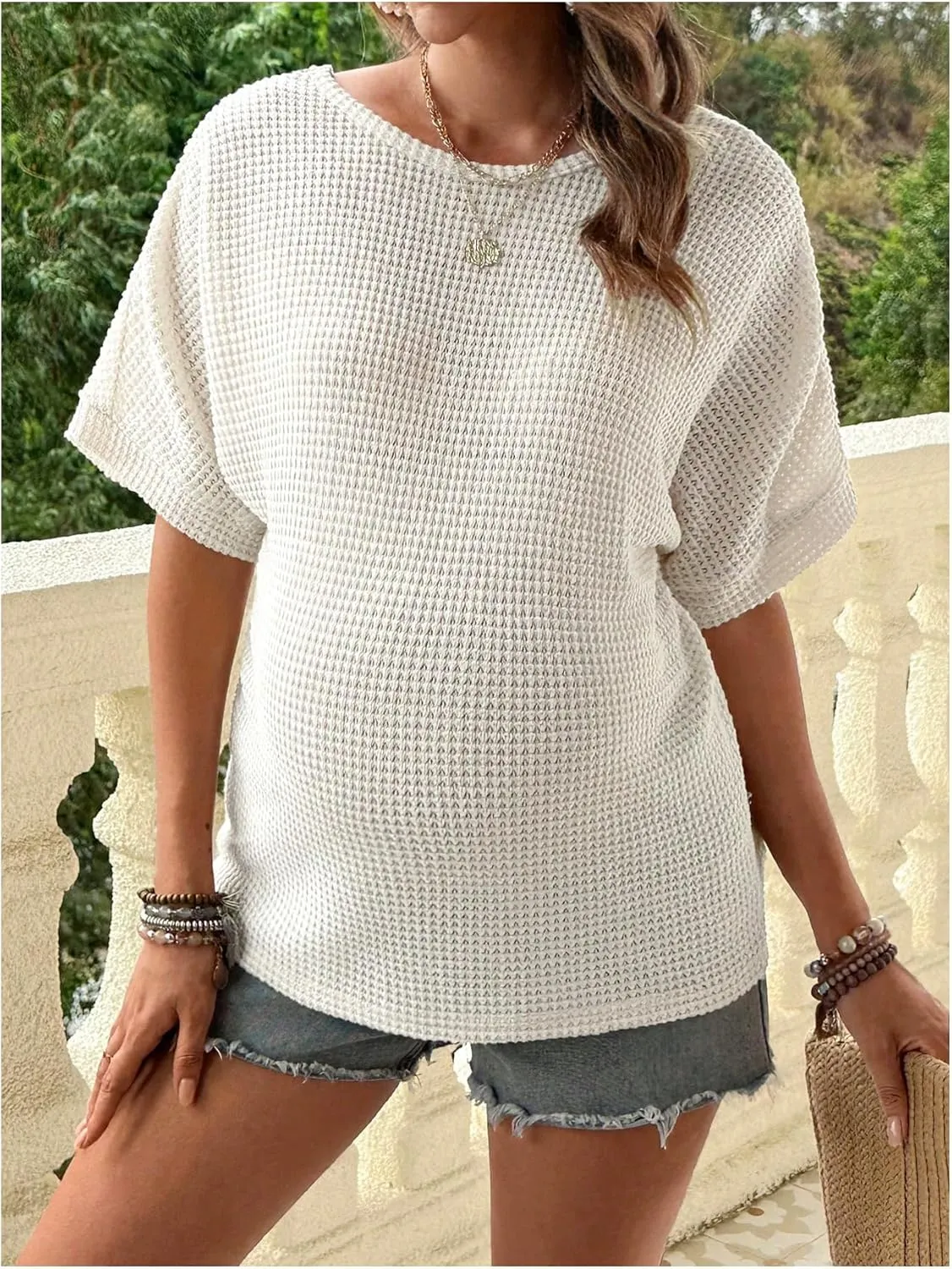 MakeMeChic Women's Maternity Summer Clothes Floral Half Sleeve Crew Neck Backless Boho Pregnancy Knit Tops