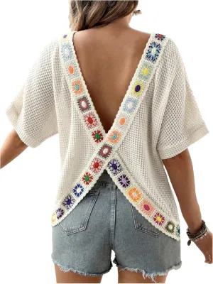 MakeMeChic Women's Maternity Summer Clothes Floral Half Sleeve Crew Neck Backless Boho Pregnancy Knit Tops