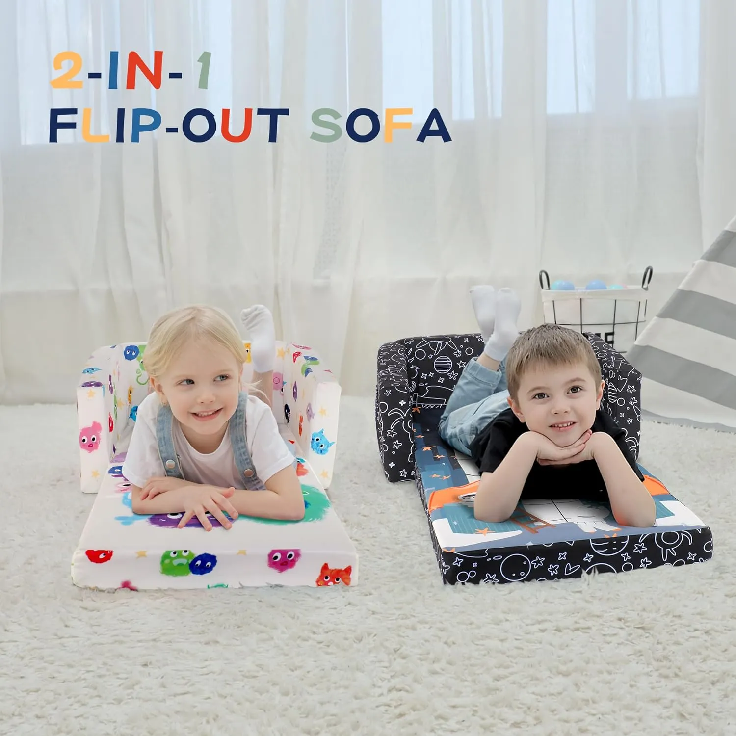 MallBest Kids Sofas Children's Sofa Bed Baby's Upholstered Couch Sleepover Chair Flipout Open Recliner (Black/Rocket)