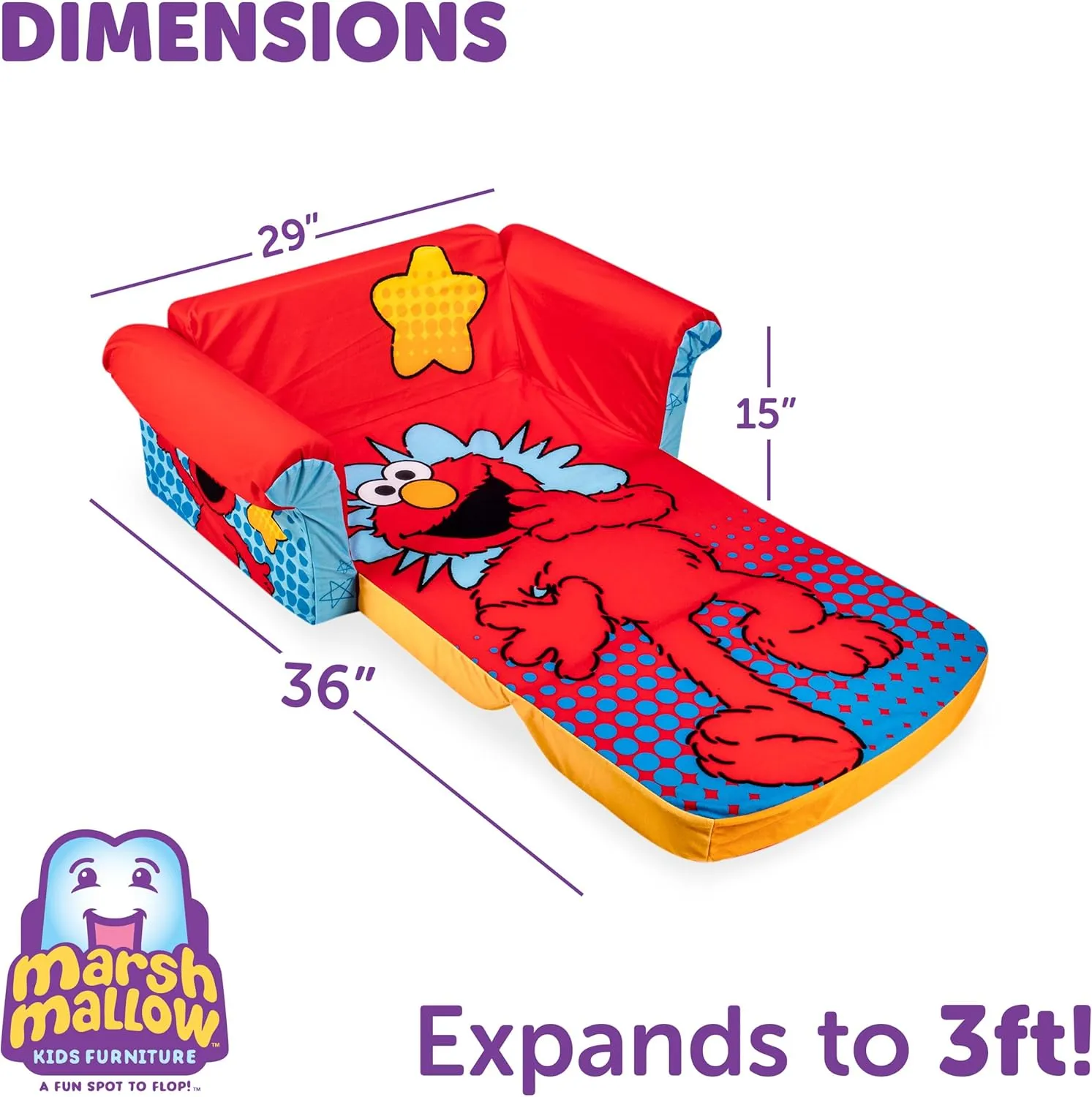 marshmallow Furniture 2-in-1 Flip Open Foam Couch Bed Sleeper Sofa Kid's Furniture for Ages 18 Months and Up, Elmo
