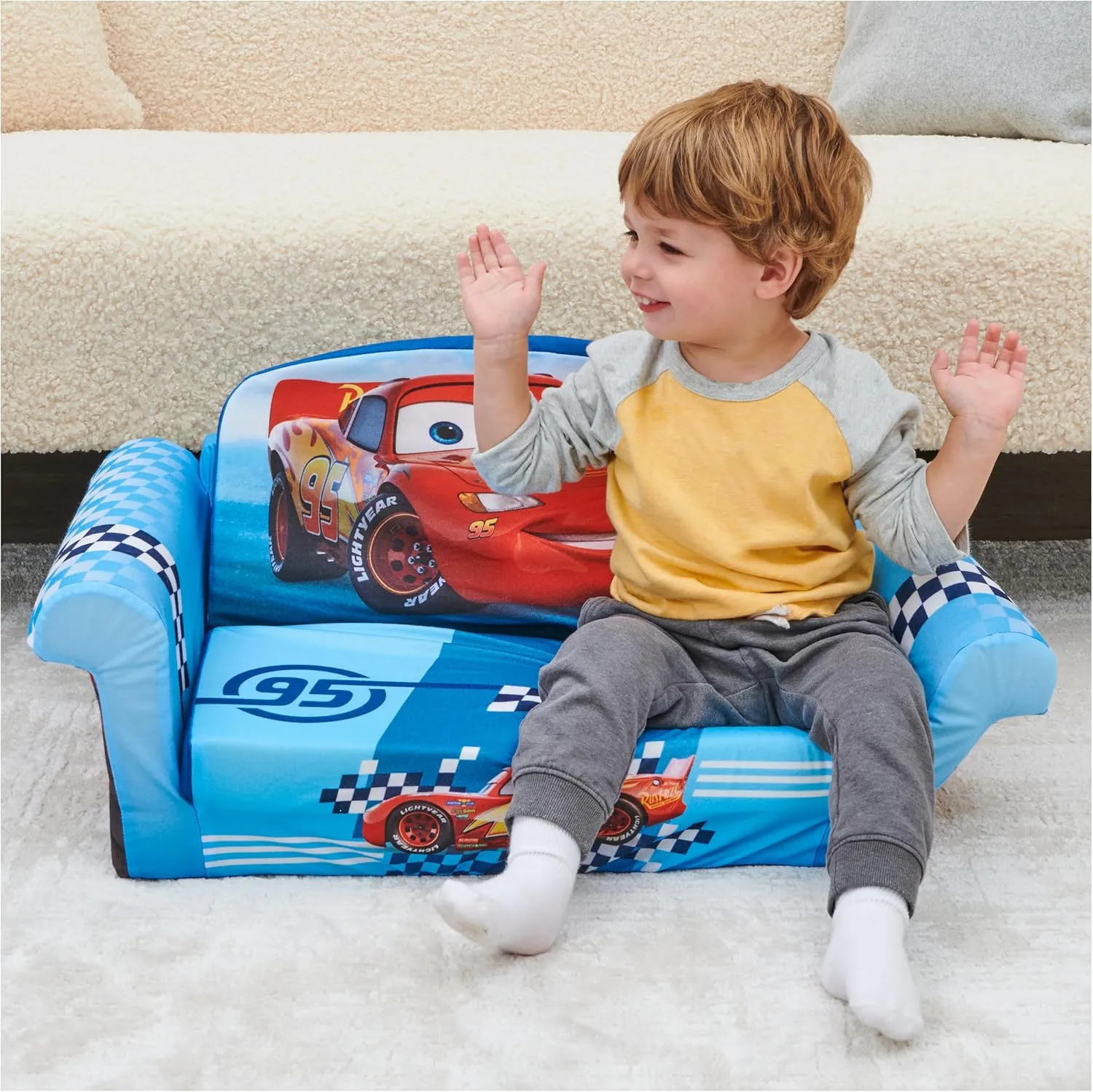 Marshmallow Furniture, Children's 2-in-1 Flip Open Foam Compressed Sofa, Disney's Cars, Multicolor