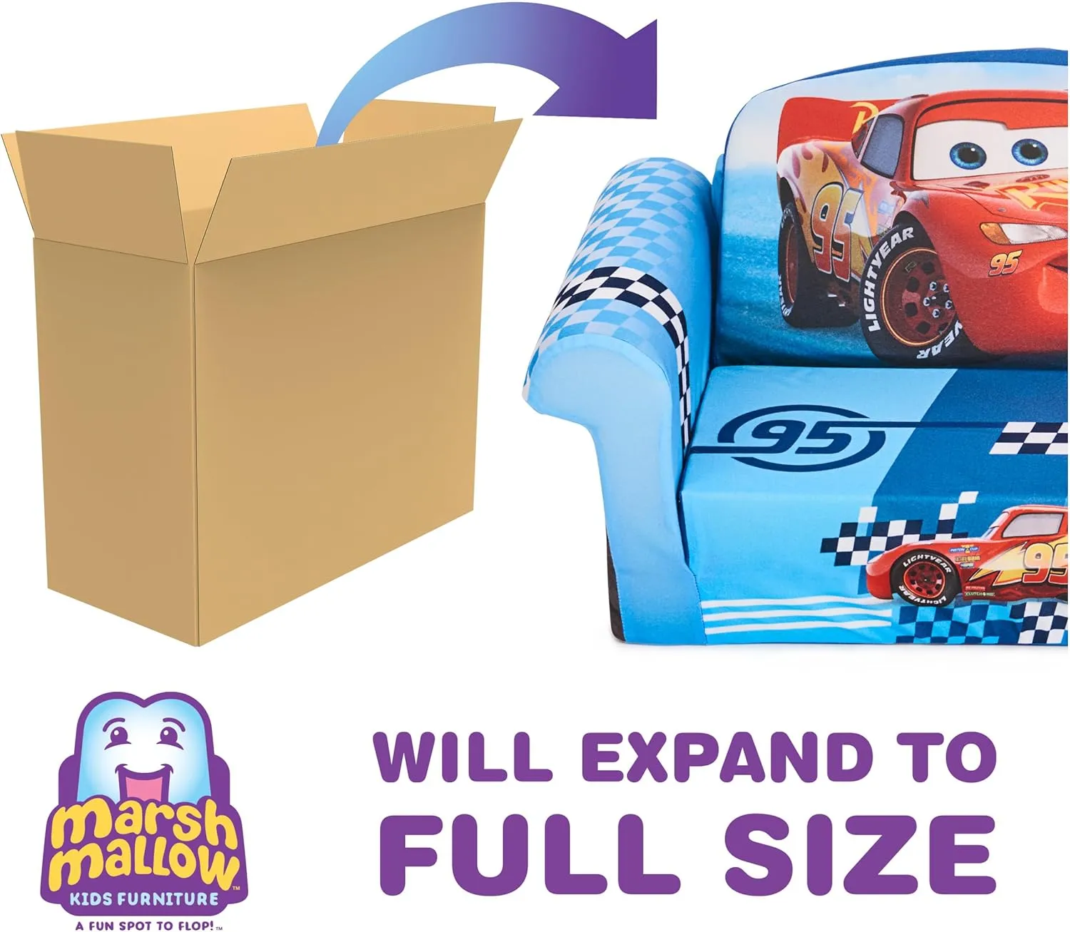 Marshmallow Furniture, Children's 2-in-1 Flip Open Foam Compressed Sofa, Disney's Cars, Multicolor