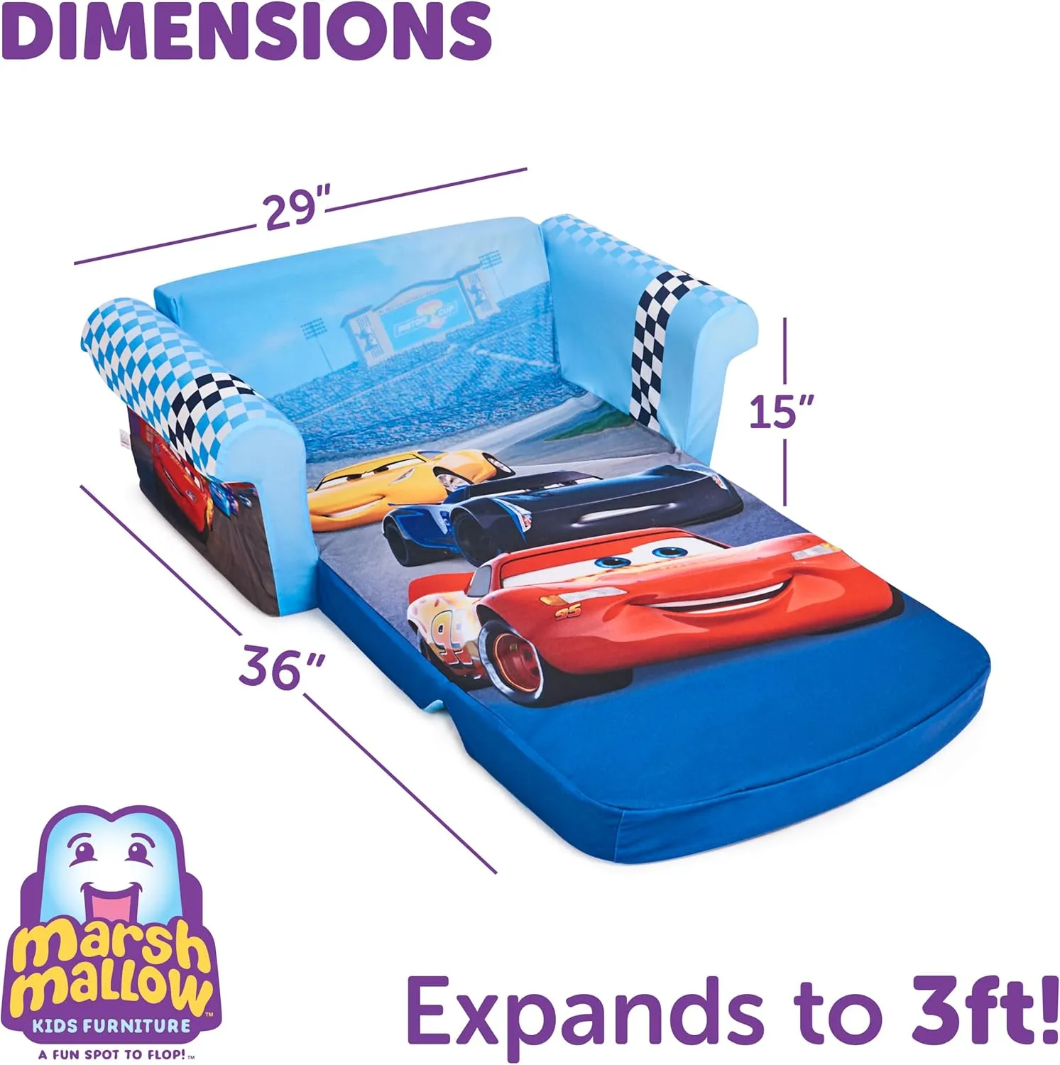 Marshmallow Furniture, Children's 2-in-1 Flip Open Foam Compressed Sofa, Disney's Cars, Multicolor