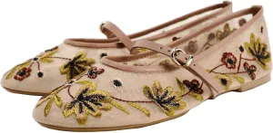 MAVMAX Nude Mesh Ballet Flats for Women Tulle Floral Embroidered Mary Jane Ballerina Round Toe Comfortable Daily Dress Ballet Flats Shoes with Strap