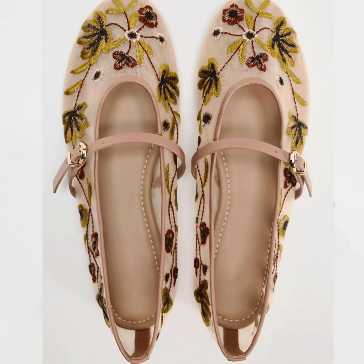 MAVMAX Nude Mesh Ballet Flats for Women Tulle Floral Embroidered Mary Jane Ballerina Round Toe Comfortable Daily Dress Ballet Flats Shoes with Strap