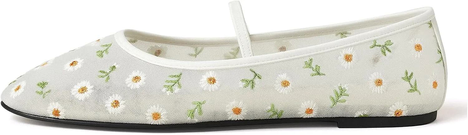 MAVMAX Nude Mesh Ballet Flats for Women Tulle Floral Embroidered Mary Jane Ballerina Round Toe Comfortable Daily Dress Ballet Flats Shoes with Strap